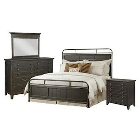 Folsom Queen Metal Bed, Dresser, Landscape Mirror, and Bedside Chest